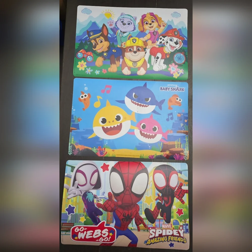 Lot Of 3 Kids Table Placemats Spidey, Baby Shark & Paw Patrol 11
